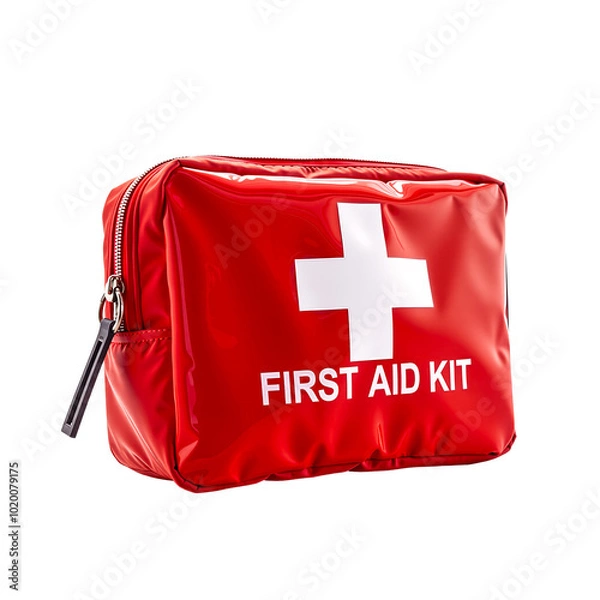 Fototapeta Red First Aid Kit: A close-up shot of a red, zippered first aid kit with a white cross and the words "FIRST AID KIT" printed on it. The kit is perfect for home, office, or travel.