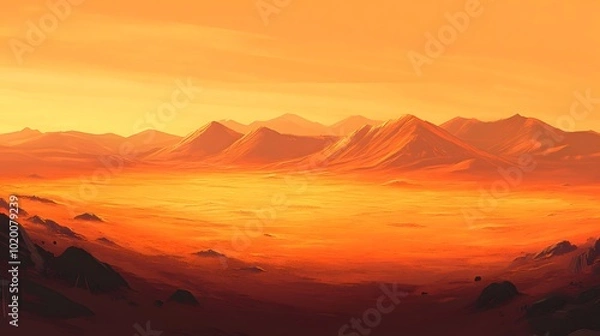 Fototapeta A vast, red desert landscape on Mars with mountains in the background.