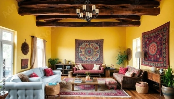 Obraz A cozy Bohemian living room with a rustic wooden beam ceiling, soft yellow walls, a large tapestry, and eclectic furniture that invites comfort and creativity.