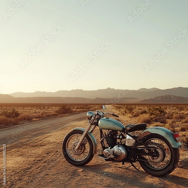 Fototapeta A hyperrealistic photograph of a vintage motorcycle parked near a dusty desert road at sunset, showing every texture and detail