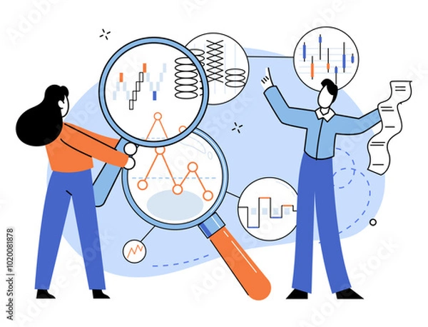 Fototapeta Competitors analysis vector illustration. Strategy, masterstroke, unfolds after careful study competitors moves and counter-moves Information, currency, holds immense value when invested wisely