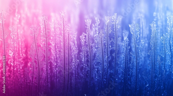 Fototapeta Frosty Abstract Gradient in Pink and Blue, Frozen Grass with Icy Sparkles and Soft Light