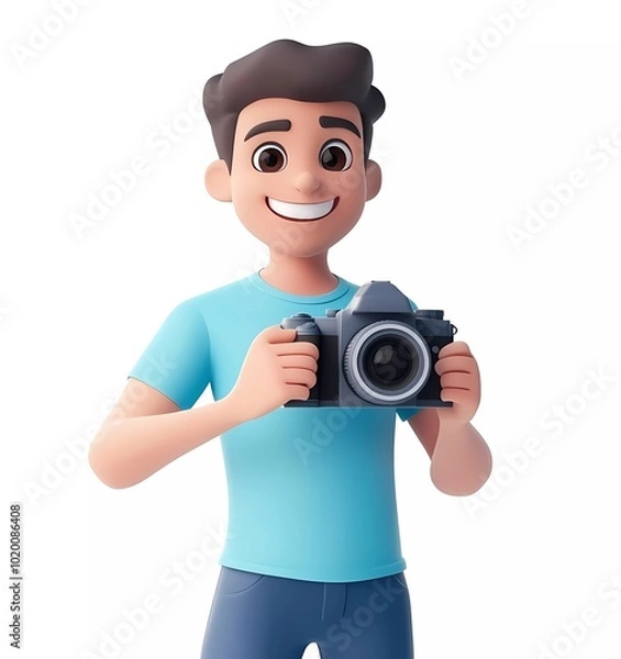 Fototapeta A cartoon man holding an camera, taking photos with his right hand