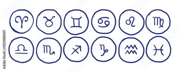 Fototapeta Line zodiac signs: aquarius, libra, leo, taurus, cancer, pisces, virgo, capricorn, sagittarius, aries, gemini, scorpio. Astrological calendar. Zodiacal vector horoscope. Hand drawn sketch