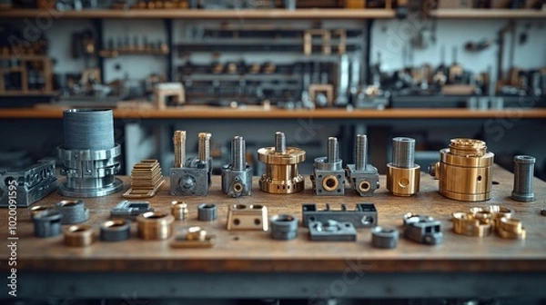 Fototapeta Collection of precision metal components on a workshop table.