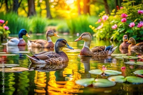 Fototapeta Vibrant Scene of Playful Ducks Quacking in a Scenic Pond Surrounded by Lush Greenery and Water Lilies