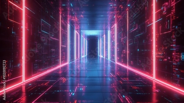 Fototapeta Neon Lights Illuminating a Digital Corridor