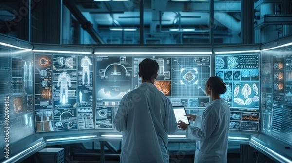 Fototapeta A futuristic laboratory filled with scientists analyzing holographic data screens and advanced technology.