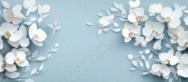 Fototapeta Soft gray background featuring delicate white orchid blooms soft gray background with delicate white orchid flowers