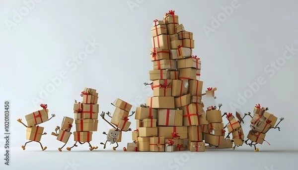 Obraz In the background, you could have a teetering tower of gift boxes about to fall over, with characters either running away or trying to hold it up with their ribbon arms, adding a sense of chaos.