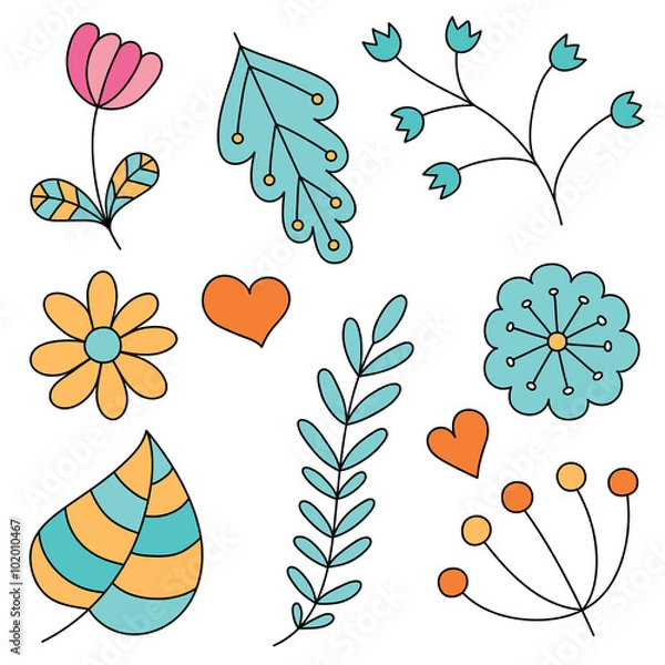 Obraz Set of abstract floral elements. Hand drawn doodle. Vector illustration.