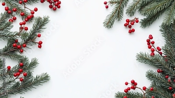 Fototapeta Christmas holiday composition flatlay featuring spruce branches and red berries arranged on a clean white background with ample space for text, perfect for festive designs, holiday cards, seasonal inv