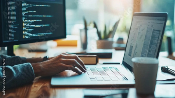 Obraz person working on laptop while coding, with second monitor displaying programming code. workspace is bright and organized, featuring plants and coffee cup, creating productive atmosphere