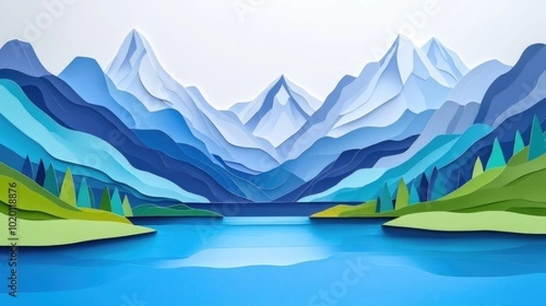 Fototapeta Scenic view of a tranquil lake nestled among towering mountains Serene lake surrounded by majestic mountains
