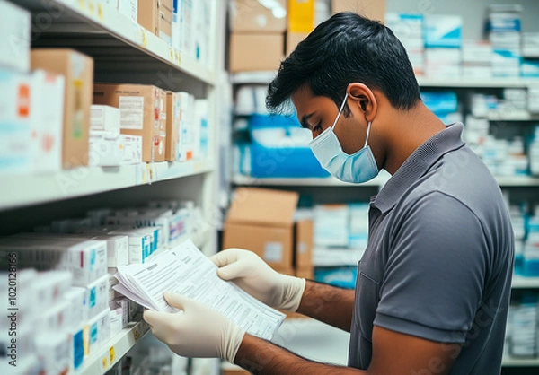 Fototapeta A young man in a mask is checking documents in a pharmacy stockroom.