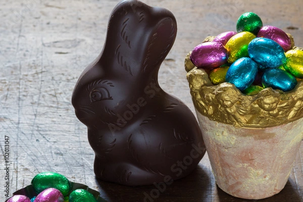 Obraz easter eggs and a chocolate rabbit