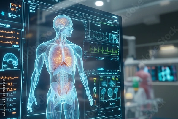 Fototapeta man's body is displayed on a computer monitor. The image is of a man's skeleton and organs, and it is displayed in a hospital setting. Concept of medical technology