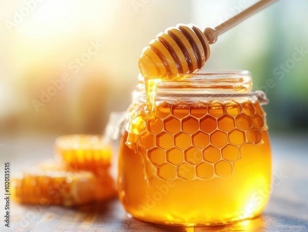 Fototapeta Honeycomb Honey Jar With Dipper and Sunlit Background