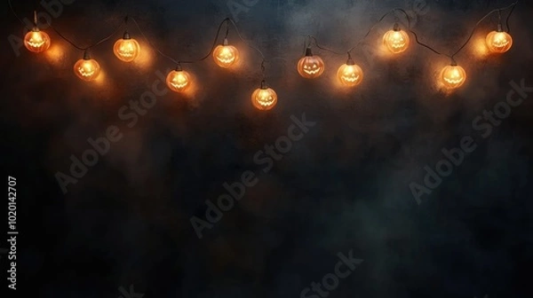 Fototapeta Halloween string lights with glowing pumpkin-shaped LED bulbs hanging on a dark wall, creating a festive and spooky ambiance.
