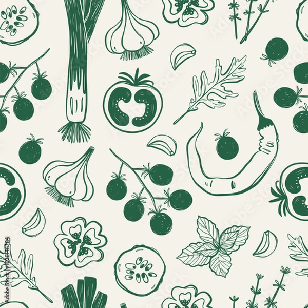 Fototapeta Hand Drawn Linear Style Seamless Pattern with Vegetables.