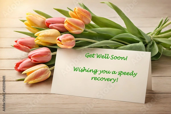 Fototapeta Get well soon card with a heartwarming bouquet of colorful tulip, expressing wish for a speedy recovery.
