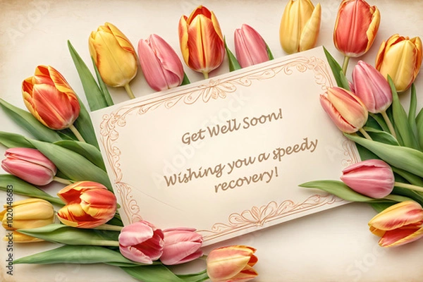 Fototapeta Get well soon card with a heartwarming bouquet of colorful tulip, expressing wish for a speedy recovery.
