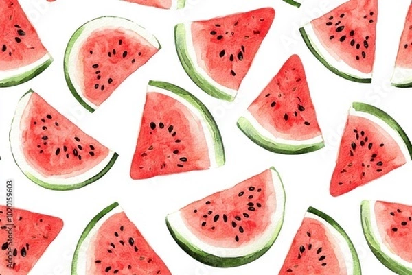 Fototapeta A vibrant pattern of fresh watermelon slices, showcasing bright red flesh and green rind, perfect for summer-themed designs.