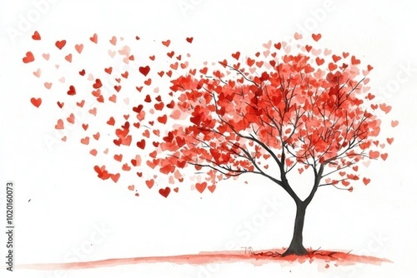 Fototapeta A vibrant tree with heart-shaped leaves, symbolizing love and passion in a whimsical, artistic style, perfect for romantic themes.