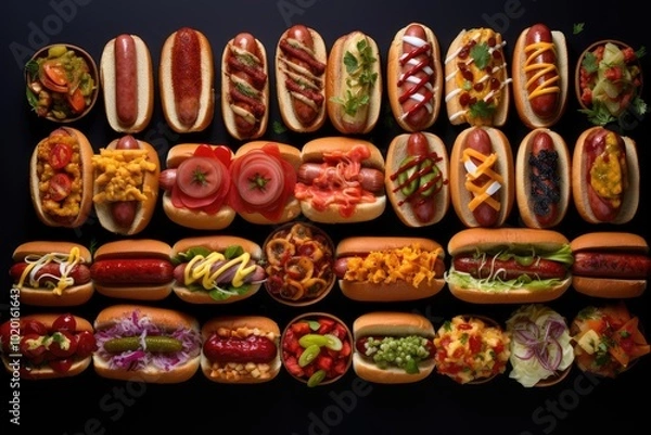 Fototapeta Assorted Hot Dogs with Various Toppings on Black Background