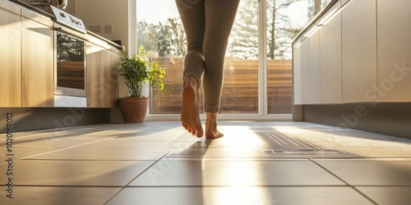 Obraz A person walks barefoot on a warm tiled kitchen floor illuminated by morning sunlight, showcasing the comfort of underfloor heating in a modern home..