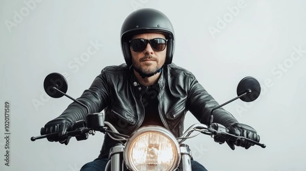 Fototapeta Rider with leather jacket and helmet riding a motorbike on white background looks cool with headlights, safe driving concept on the road