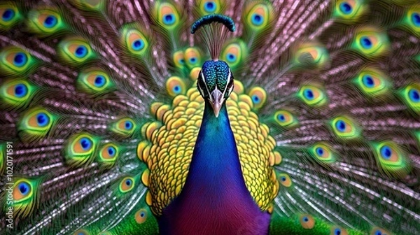 Fototapeta A Peacock Displays Its Vibrant Tail Feathers