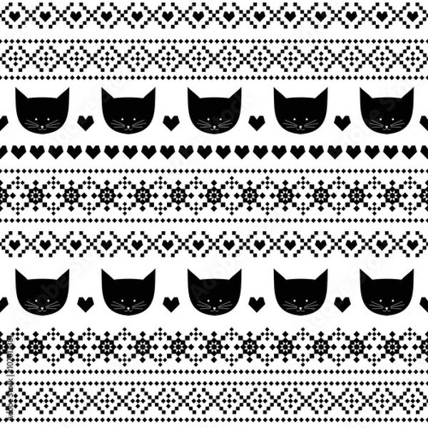 Fototapeta Black and white seamless pattern with cats for kids holidays. Scandinavian sweater style. Christmas decorations. Cute background for winter holidays. Xmas traditional ornamental pattern.