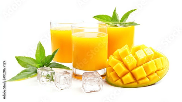 Fototapeta Refreshing mango juice served in glasses with mango pieces and ice, ideal for summer drinks or tropical themes, set on a white isolated background.