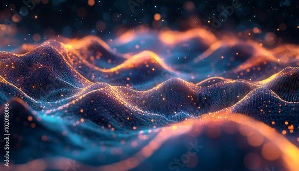 Fototapeta Abstract Digital Landscape with Neon Light Waves in a Night Sky