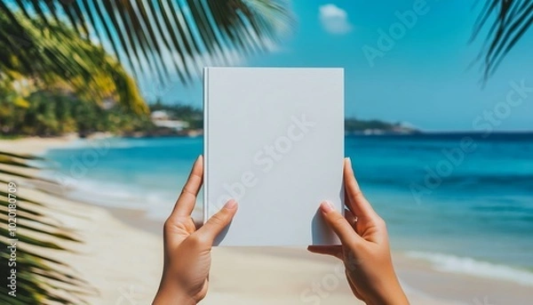 Fototapeta Person Holding White Blank Sheet of Paper with Blue Ocean Background