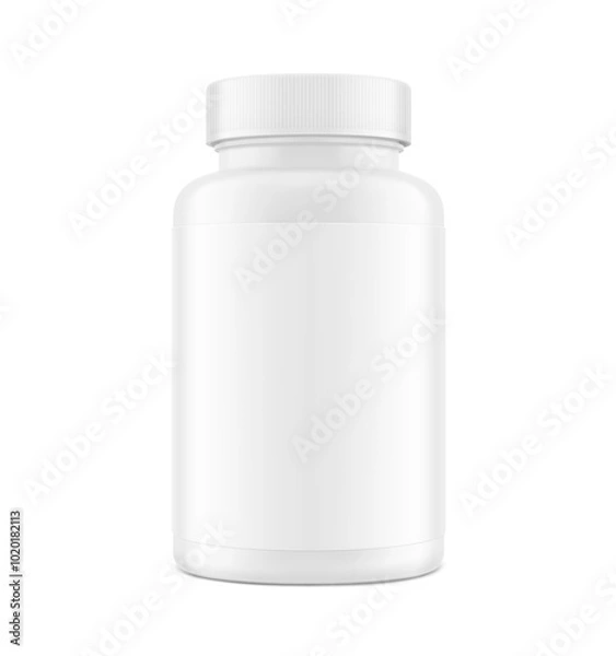 Fototapeta Plastic packer pill bottle mockup with label for treats, vitamins, supplements isolated on white background. Vector illustration. ready for your design. EPS10.	