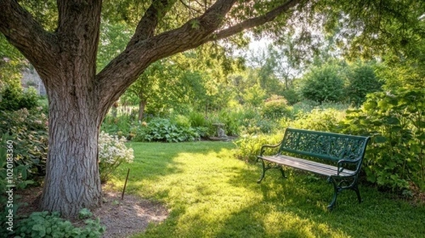 Fototapeta A peaceful green garden bench under the shade of a large tree, inviting a moment of rest.