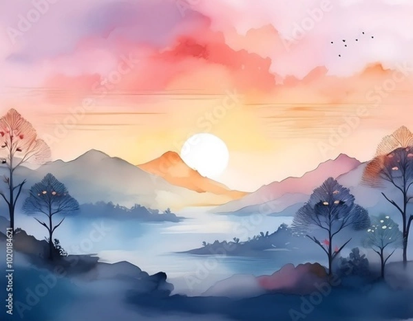 Obraz stunning watercolor scene of a pink and purple sunset over misty mountains. Silhouetted trees with vibrant blossoms add contrast to the soft layers of hills fading into the horizon