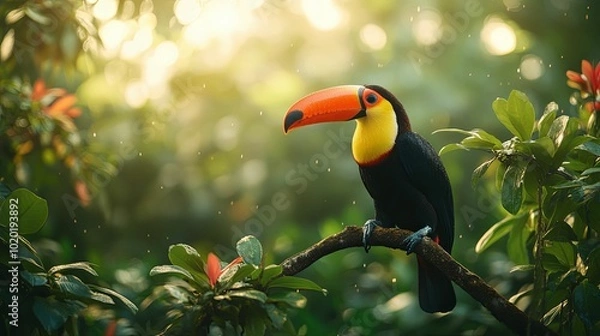 Fototapeta A Toucan Perched on a Branch in a Tropical Rainforest
