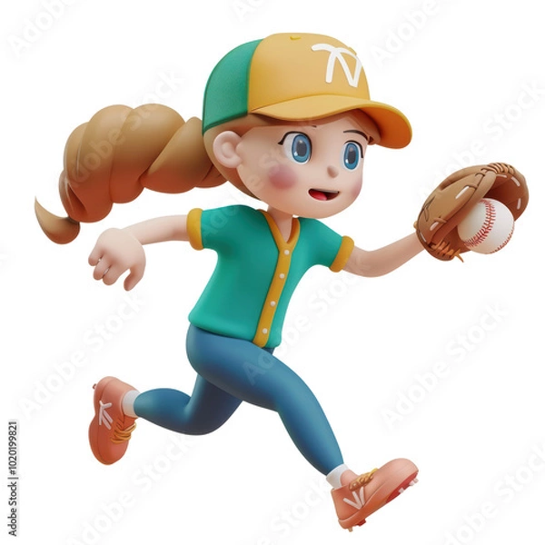 Fototapeta 3D render in cartoon style baseball player girl  training and playing a match, cut out, isolated on transparent background.