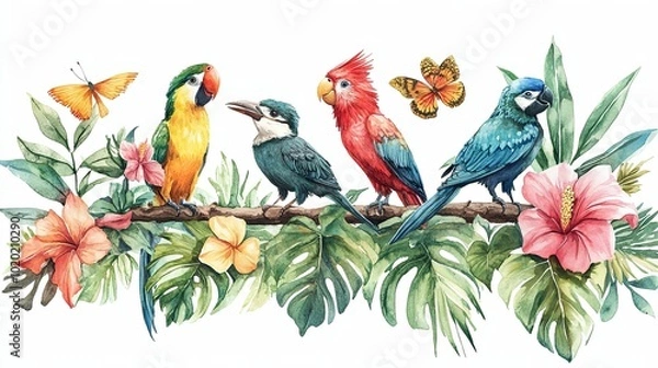 Fototapeta Watercolor Illustration of Tropical Birds, Flowers, and Butterflies on a Branch