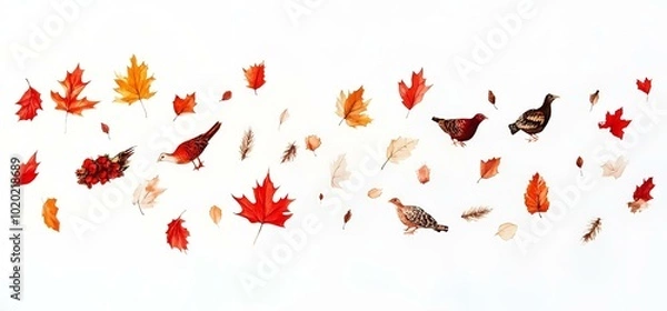 Fototapeta Colorful Autumn Pattern with Quails and Foliage for Seasonal Textile or Wallpaper Design – Cozy and Naturalistic.