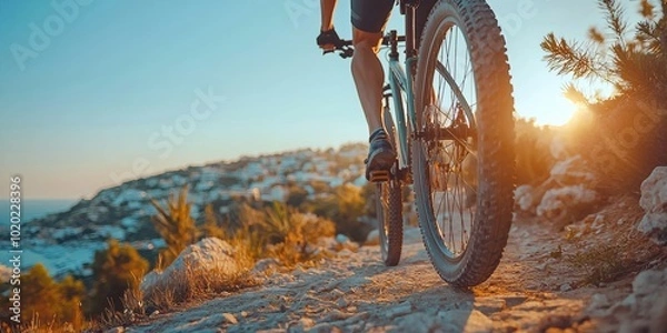 Fototapeta Person cycling on a rocky path with sunset view in the background, outdoor adventure activity.