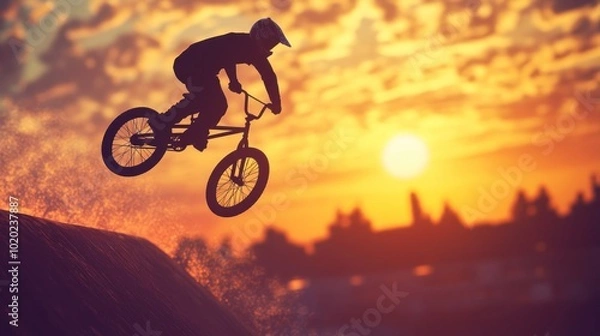 Fototapeta Silhouette of a BMX Rider During a Sunset