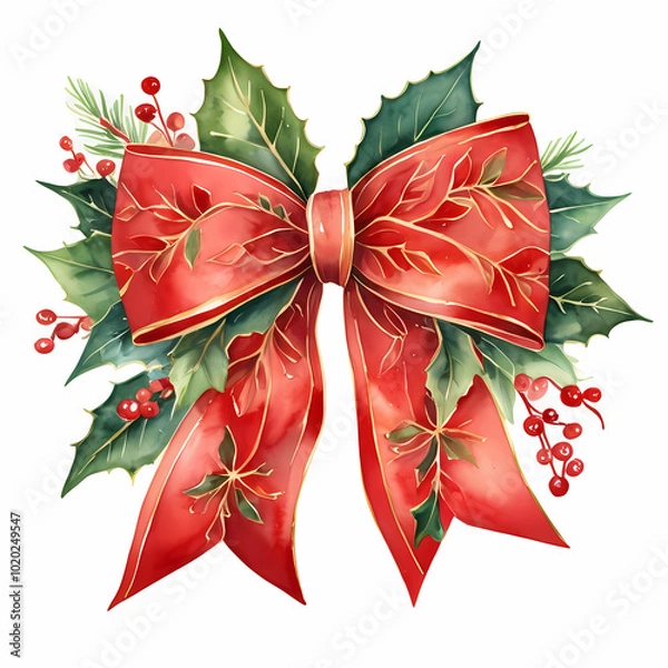 Fototapeta Watercolor painting of a red bow with holly, poinsettia and green foliage isolated on a white background.