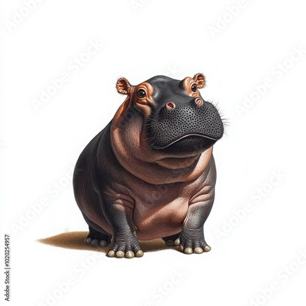 Fototapeta A realistic illustration of a hippo sitting with a charming expression, white isolate background.