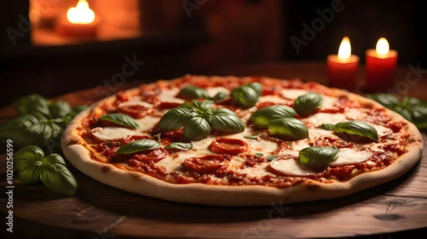 Obraz Delicious Pepperoni Pizza with Mozzarella and Basil on Rustic Table in Cozy Trattoria Setting - Generated by AI