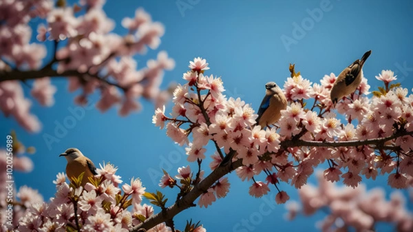 Obraz Flock of Birds Perched on Cherry Blossom Tree Branches on a Bright Spring Morning Against a Vibrant Blue Sky - Generated by AI