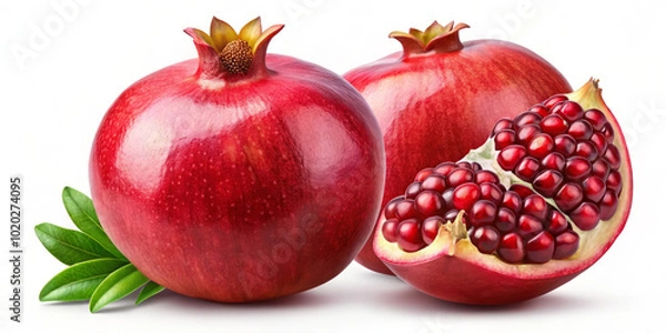 Fototapeta Fresh pomegranates with vibrant red skin and juicy seeds, showcasing their rich color and texture. Perfect for healthy eating and vibrant dishes